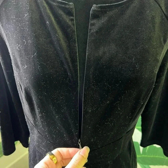 Black Velvet 3/4 Sleeve Shift Dress L Wedding Guest Party Cocktail - Picture 4 of 4